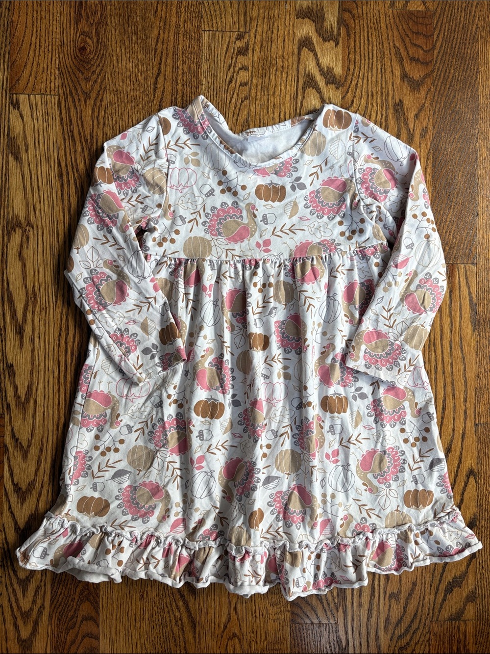 Stitchy Fish girls’ turkey and pumpkin long sleeve ruffle hem dress, size 5.